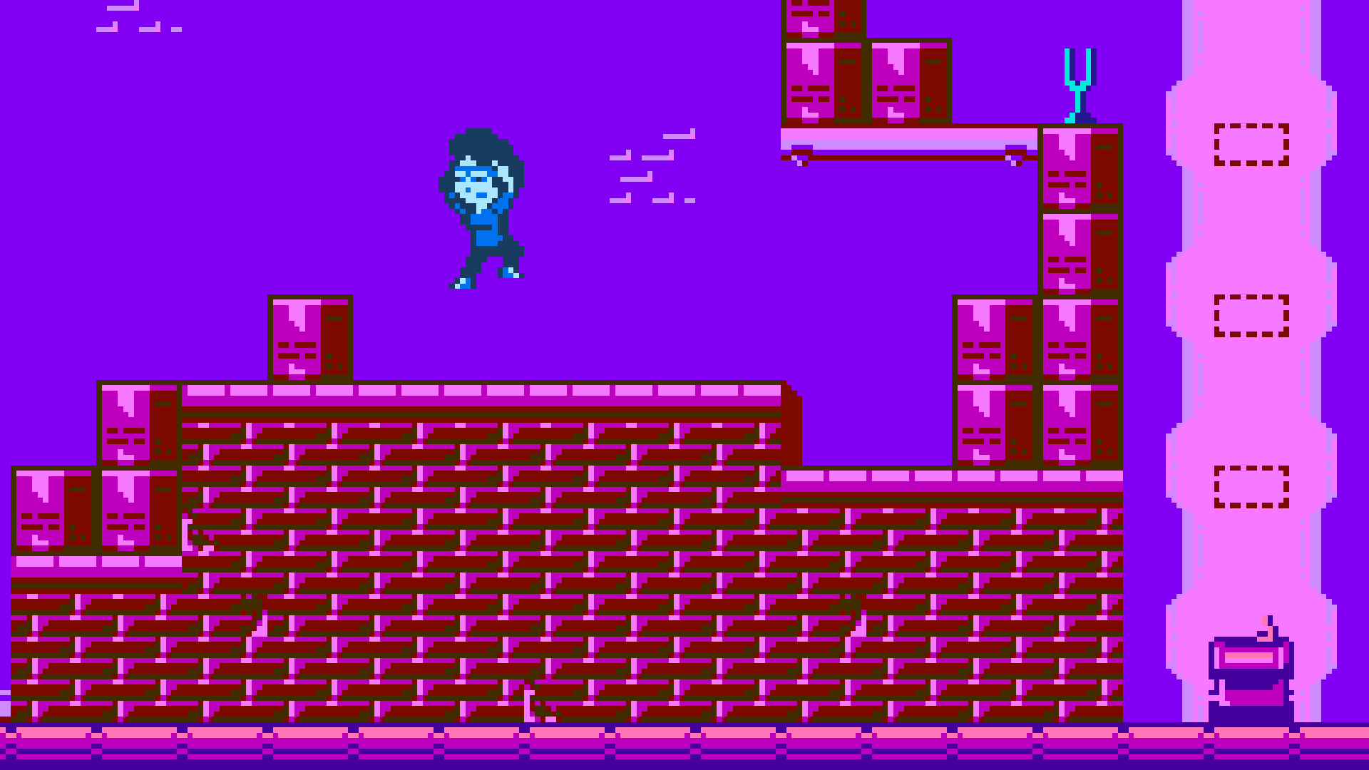 Rhapsody jumping through the purple-tinted library basement