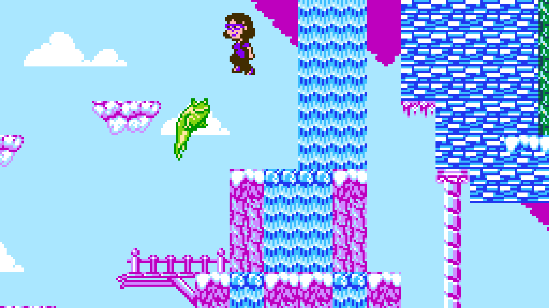 Rhapsody jumping near a waterfall and floating cloud platforms