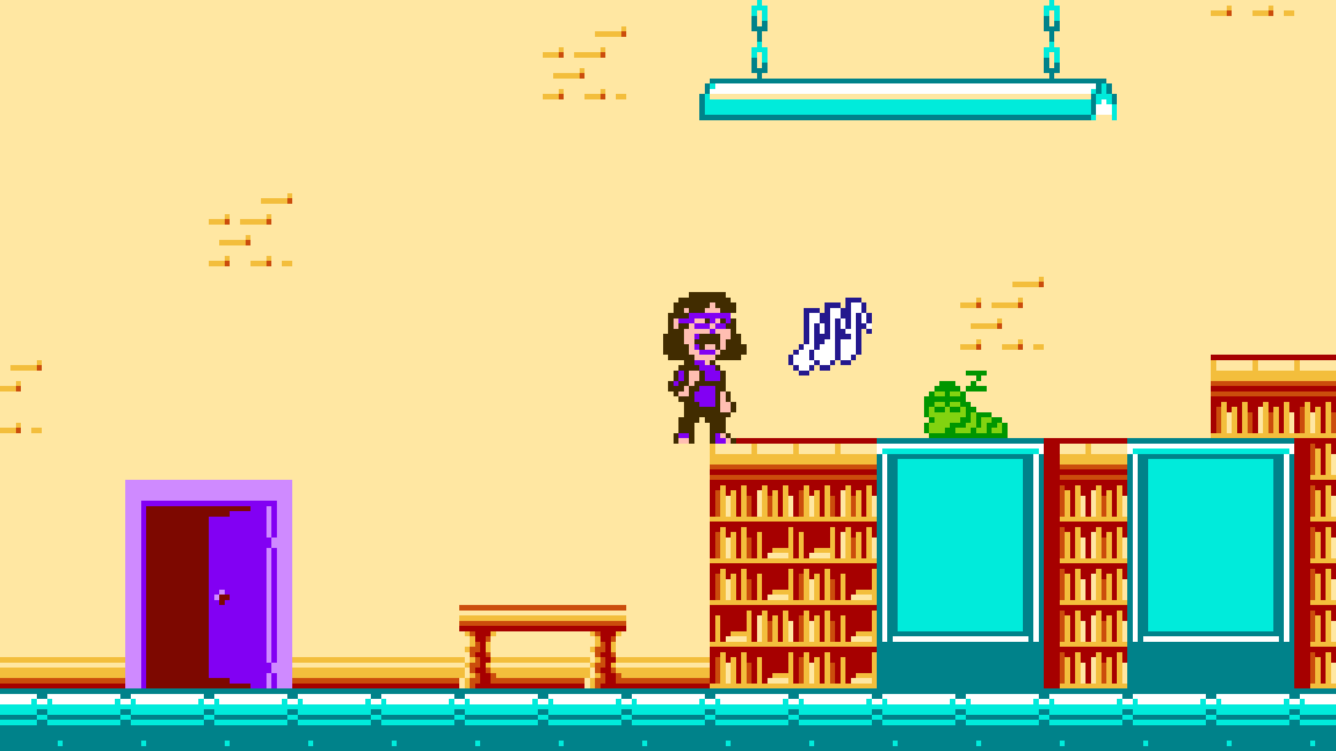 Rhapsody singing music notes at a sleeping green slime on a library bookshelf