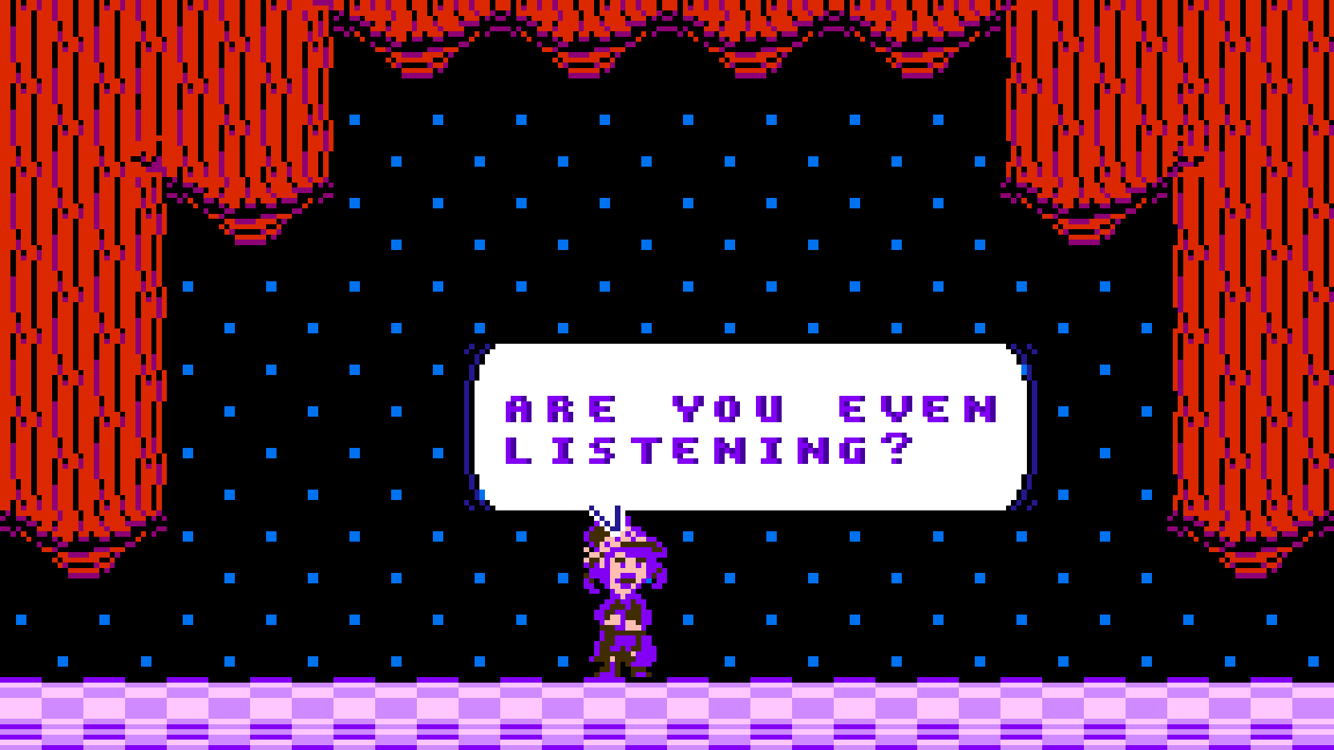 Odele the stage magician on a theater stage saying 'Are you even listening?'