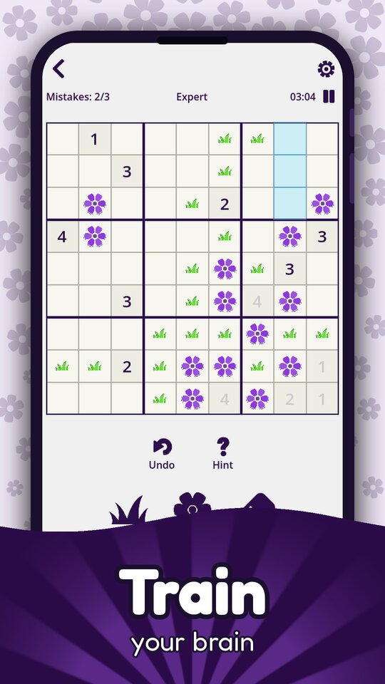 An expert puzzle partway through, with flowers, grass markers, and a highlighted column