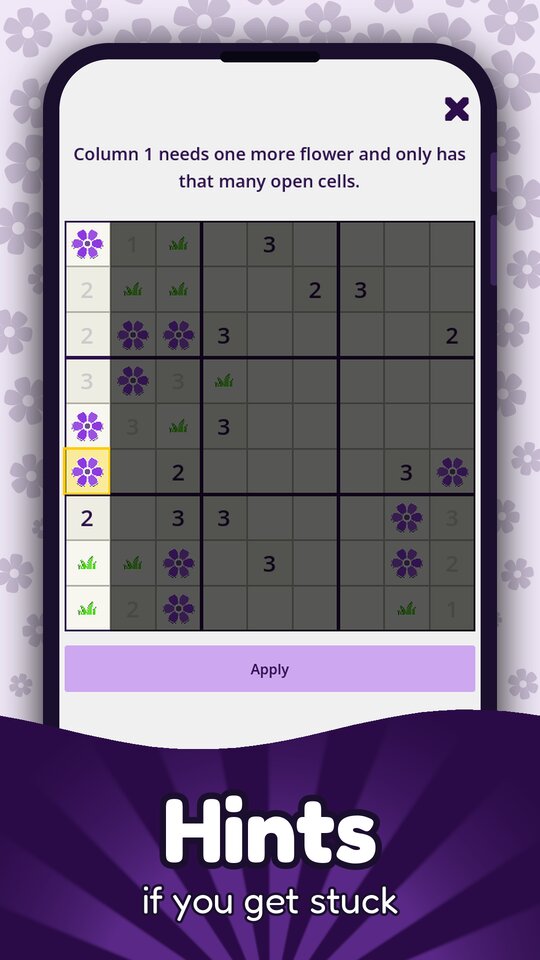 The hint screen dimming the board and explaining that column 1 needs one more flower and only has that many open cells