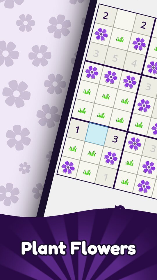 A Hanadoku board with purple flowers and grass markers filling a 9 by 9 grid