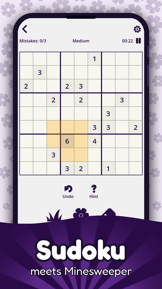 A nearly empty medium puzzle with a few number clues and one 3 by 3 area highlighted