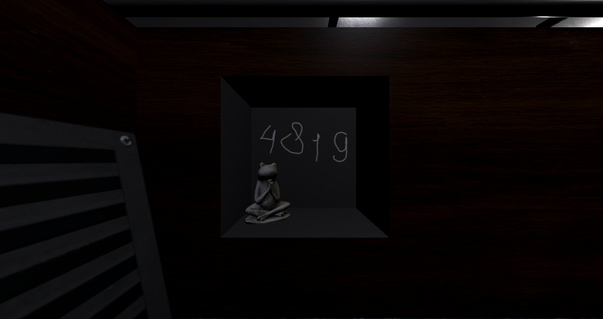 An open access panel in the elevator wall with a frog statue inside and the code 4819 scrawled behind it