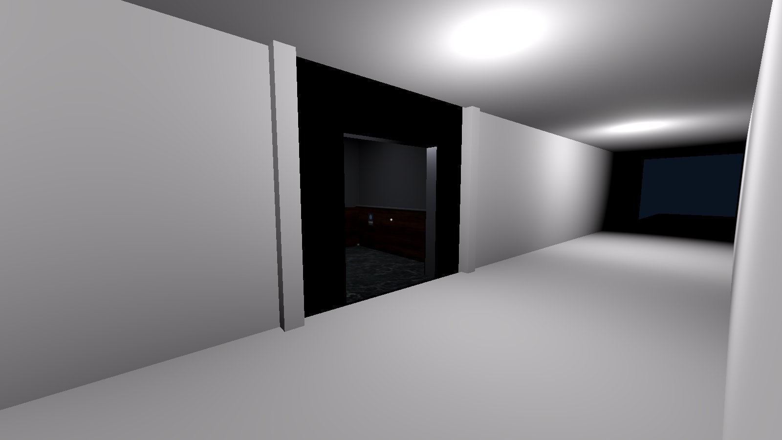 Untextured gray hallway built from CSG boxes, looking into the elevator