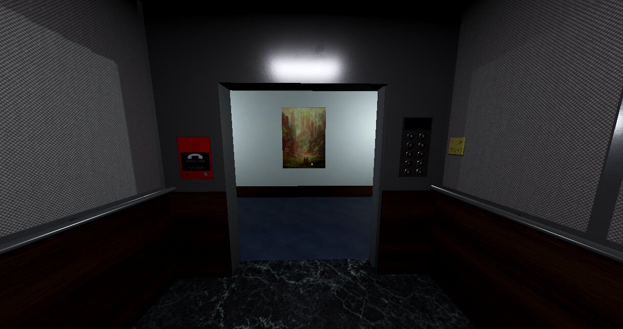 Elevator doors open onto a bright white hallway with a painting on the wall, the keypad and a red emergency phone beside the doors