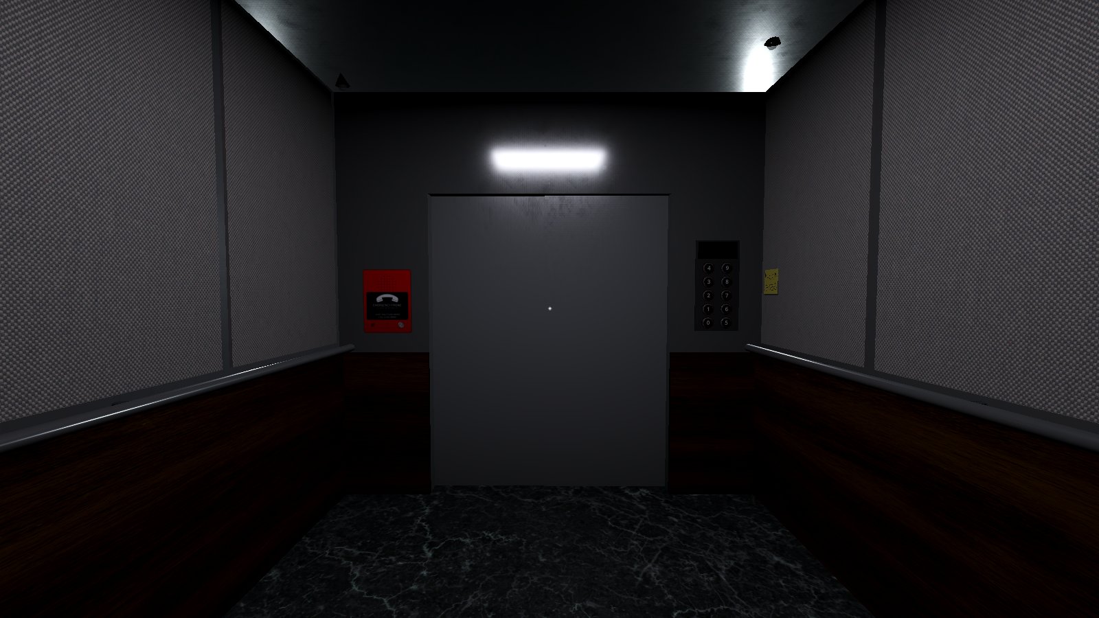 Finished elevator interior with fabric wall panels, marble floor, and a red emergency phone