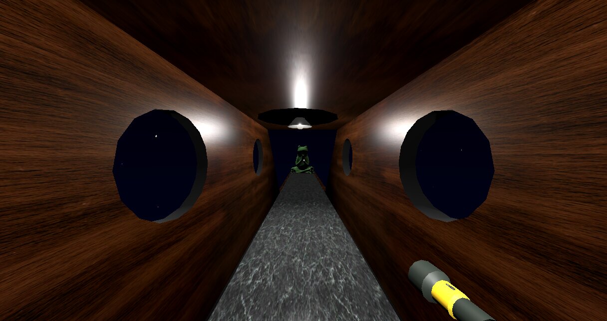 A wood-paneled hallway with round portholes showing stars, leading to a green frog statue