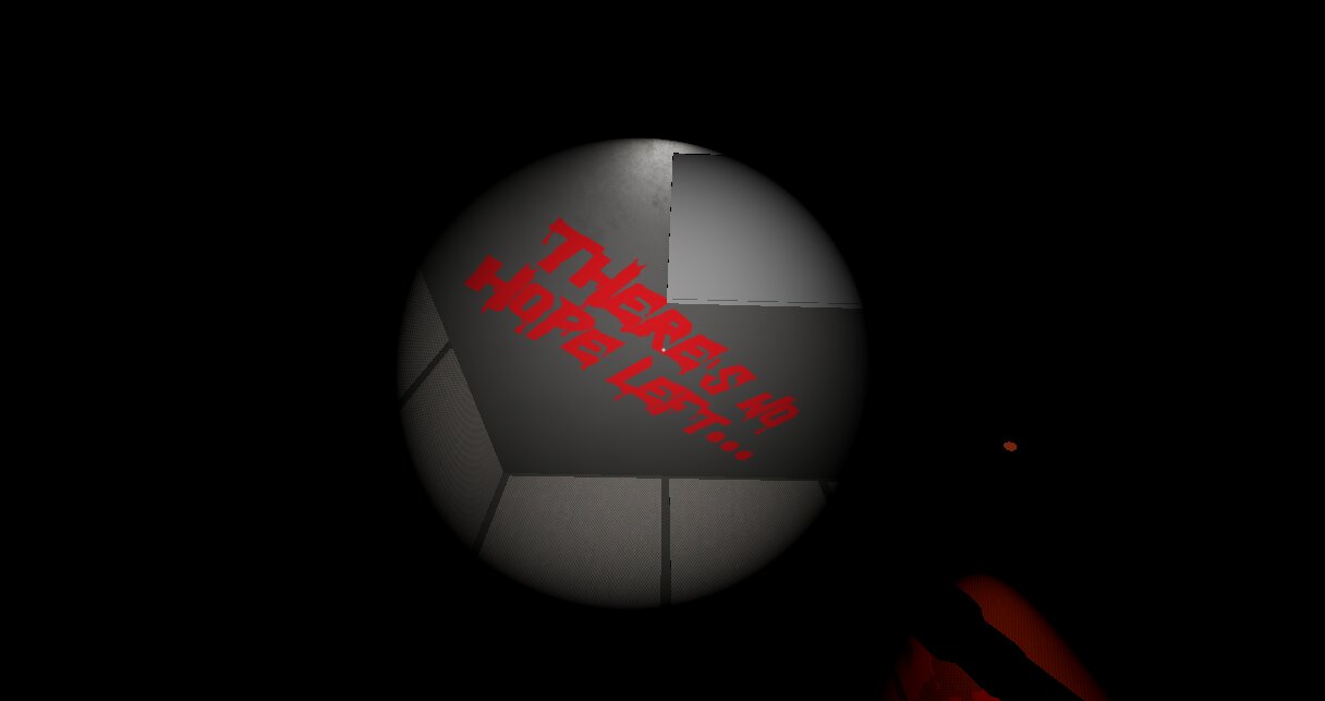 A flashlight beam in the dark revealing red text on the wall: There's no hope left
