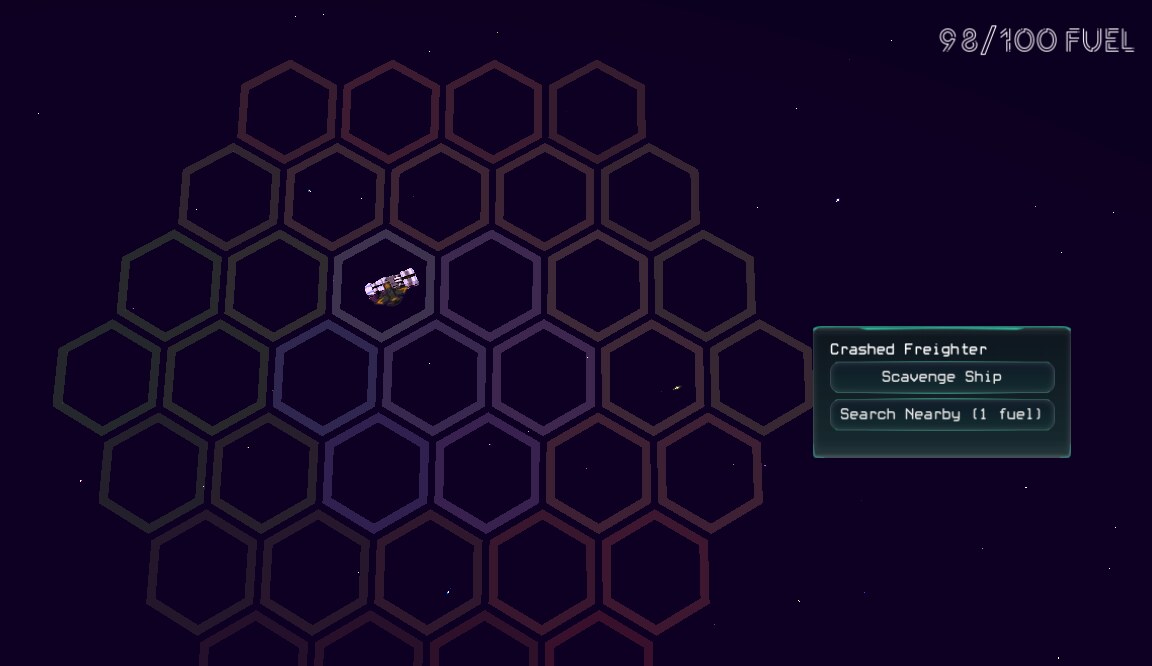 A ship parked on a crashed freighter in a hex grid in space, with a panel offering Scavenge Ship and Search Nearby (1 fuel), and a fuel gauge reading 98/100